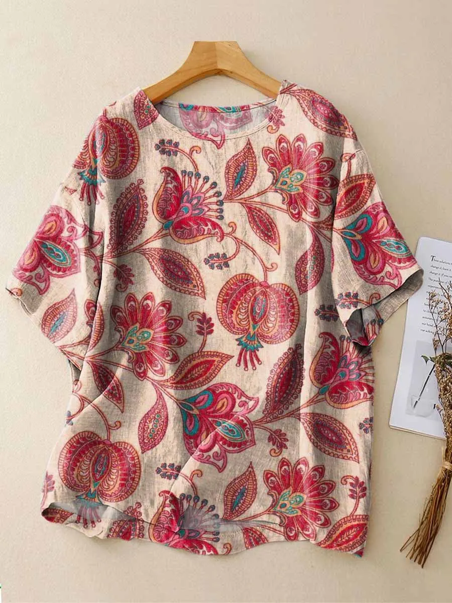 Floral Pattern Art Print Casual Linen Crew Neck Shirt