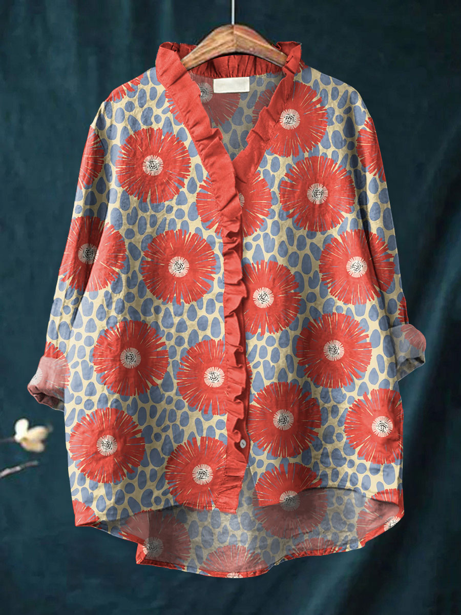 Vintage Floral Art Print Casual Cotton & Linen Ruffle Shirt