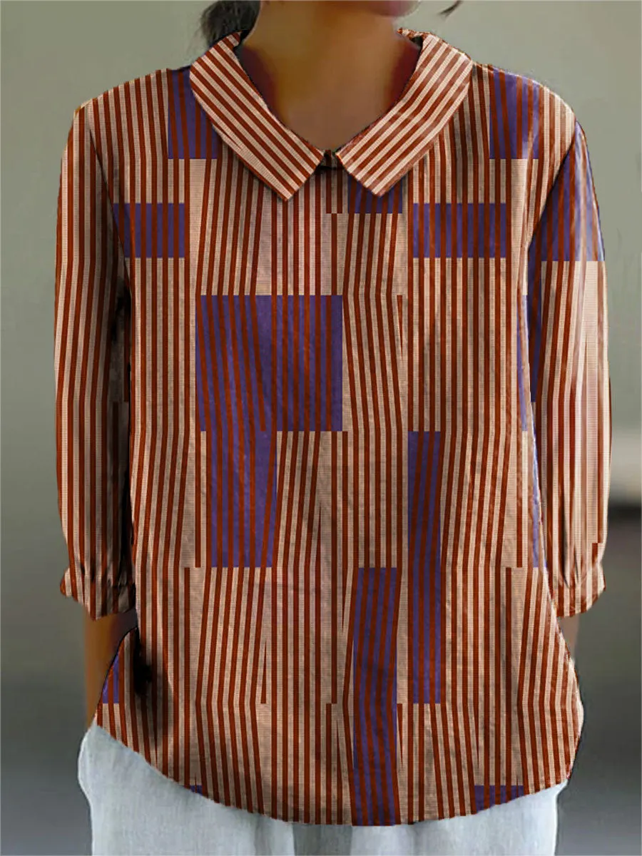 Fashion Color Block Line Art Print Casual Cotton & Linen 3/4 Sleeve Shirt