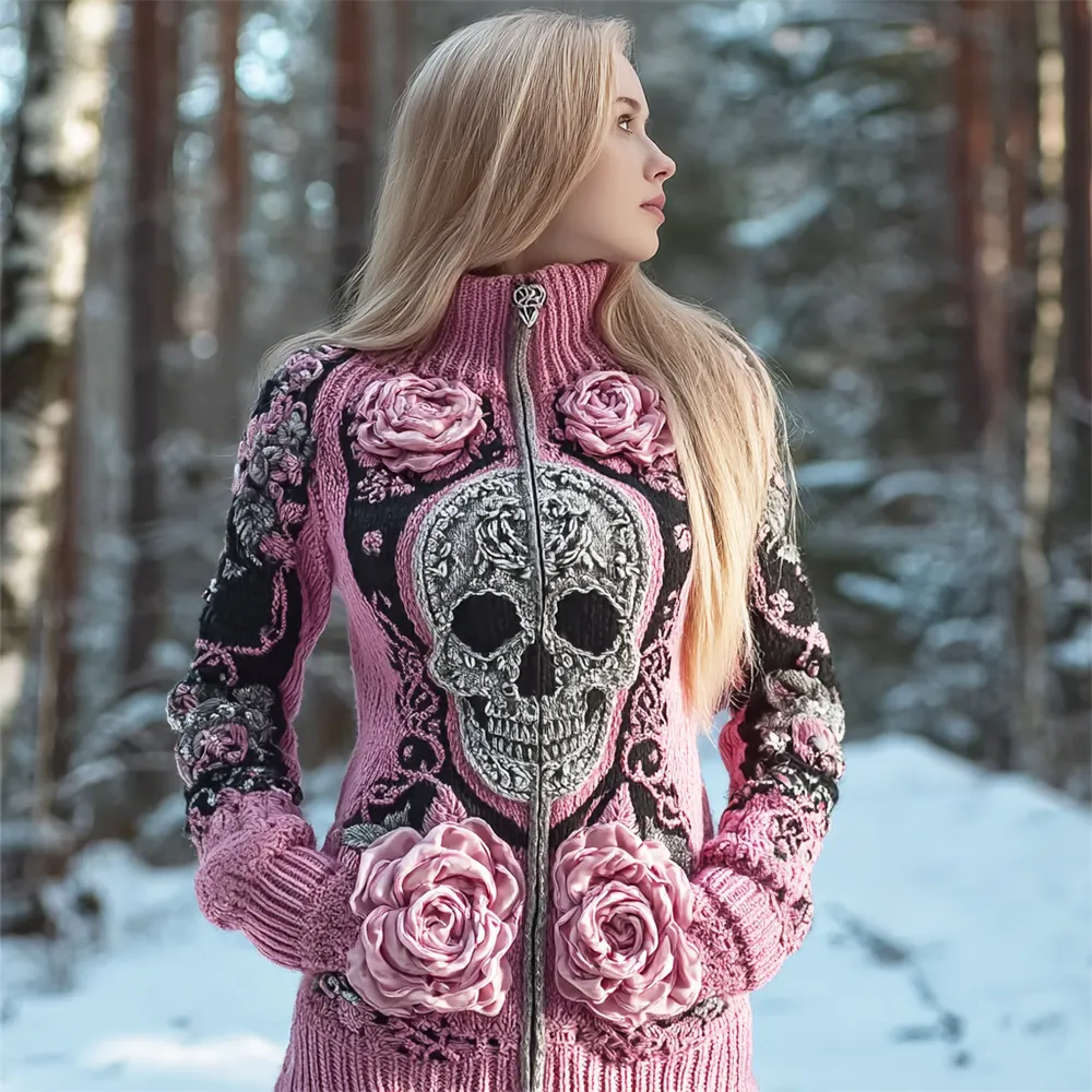 Skull & 3d Floral Art Women's Chunky Knit Zipper Sweater