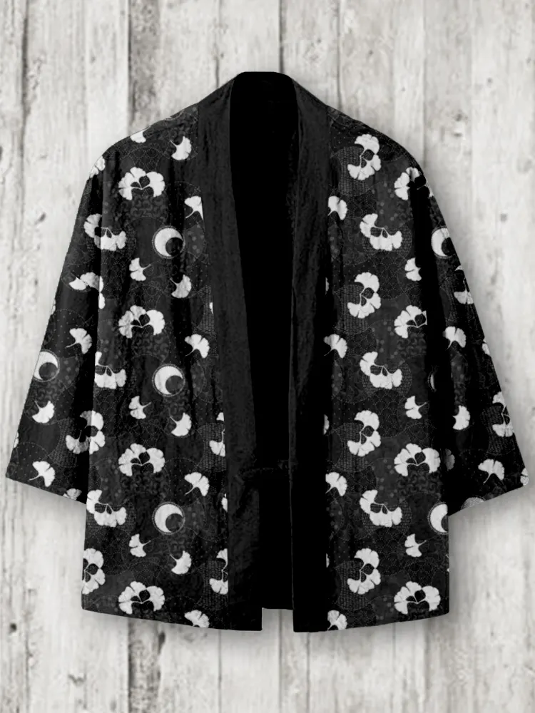 Japanese Midnight Gingko Patchwork Art Linen Blend Kimono Cardigan