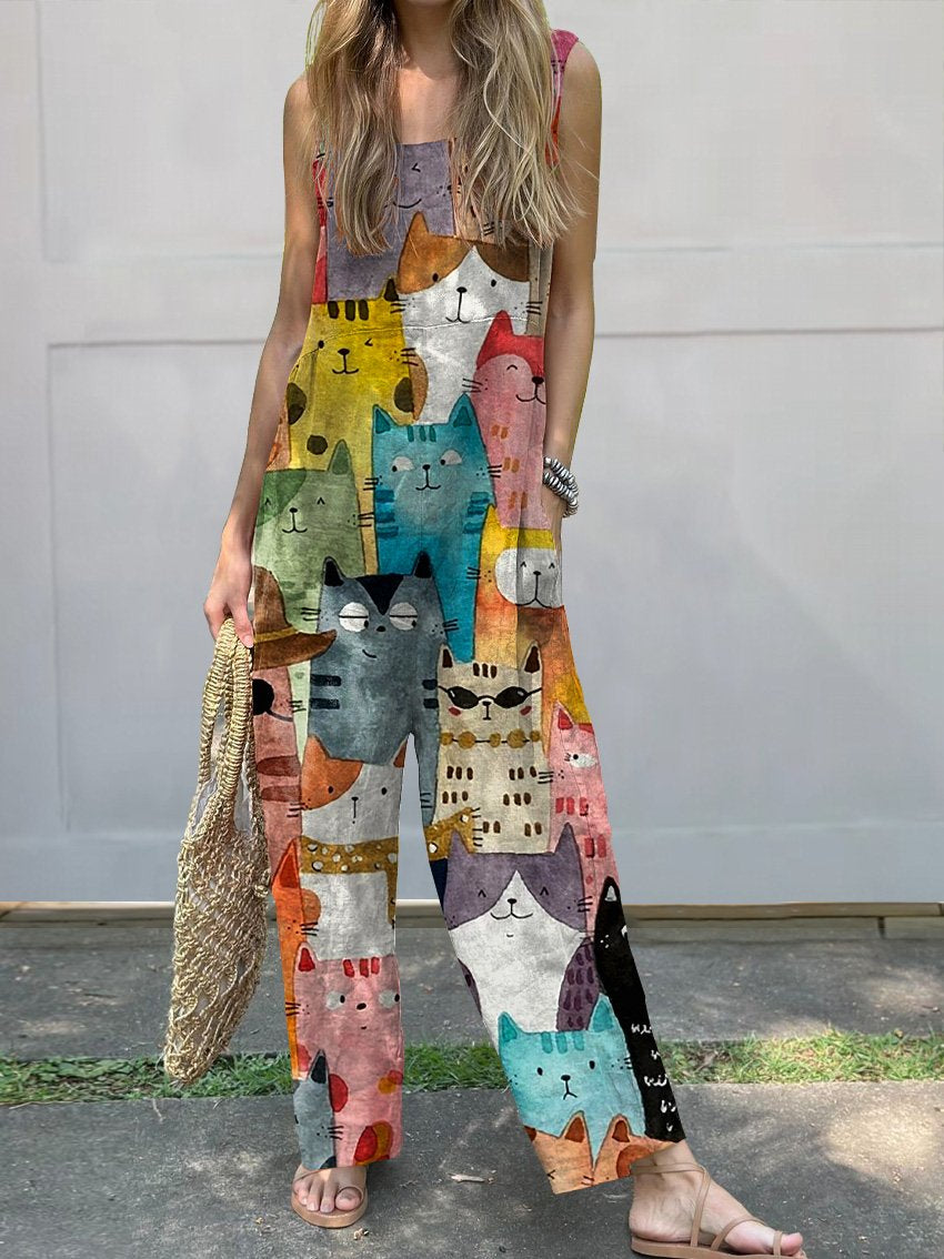 Watercolor Cute Cats Repeat Pattern Printed Women's Casual Wide-Leg Jumpsuit