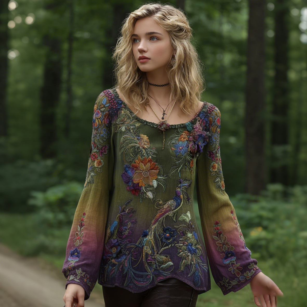 Vintage Classy Gradient Purple Peacock And Floral Embroidered Art Comfy Tops