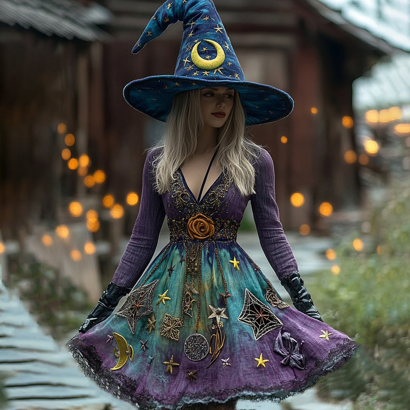 Women's Boho Witch Gradient Tarot Star Moon Witch Midi Evening Dress