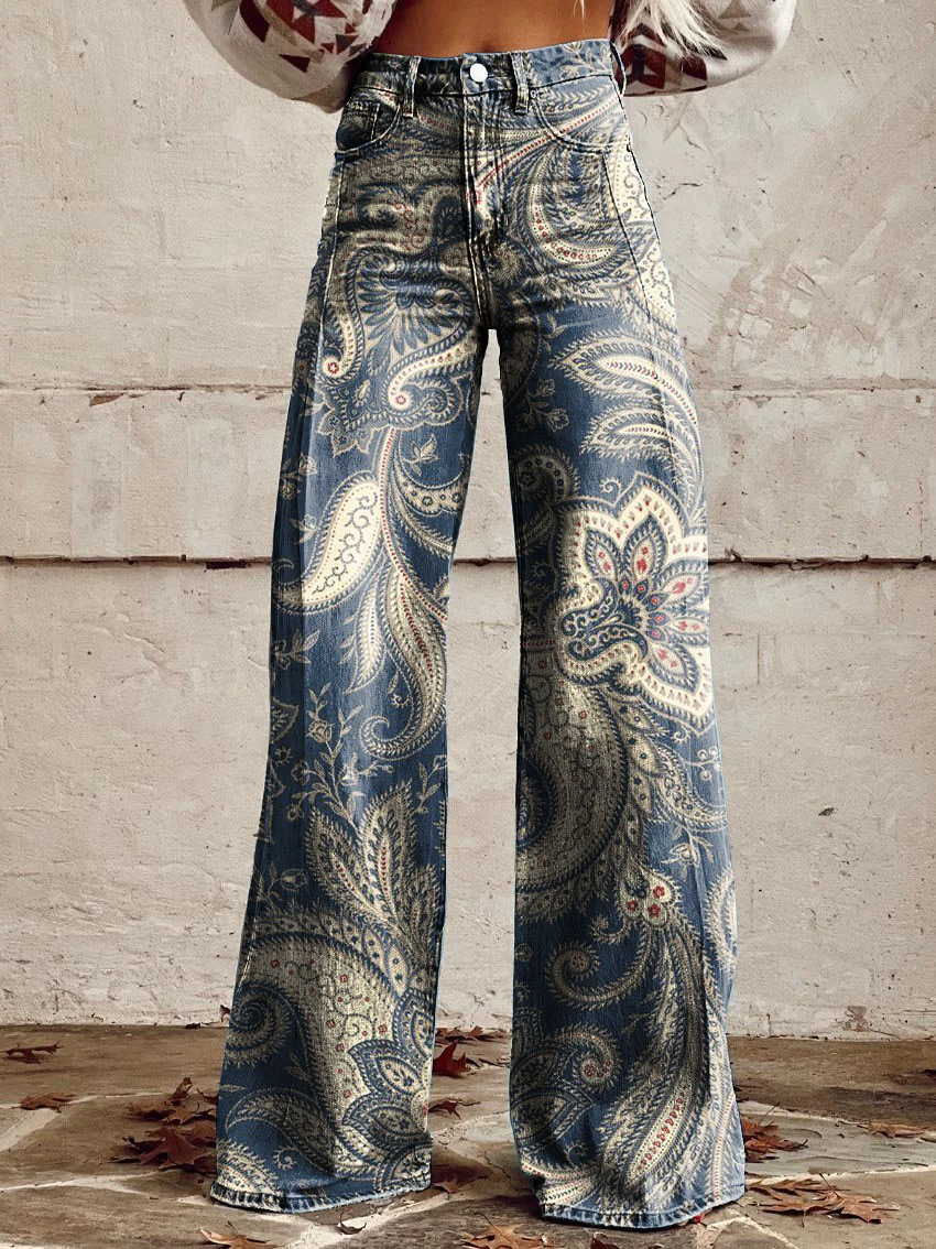 Vintage Paisley Print Casual Wide-Leg Pants