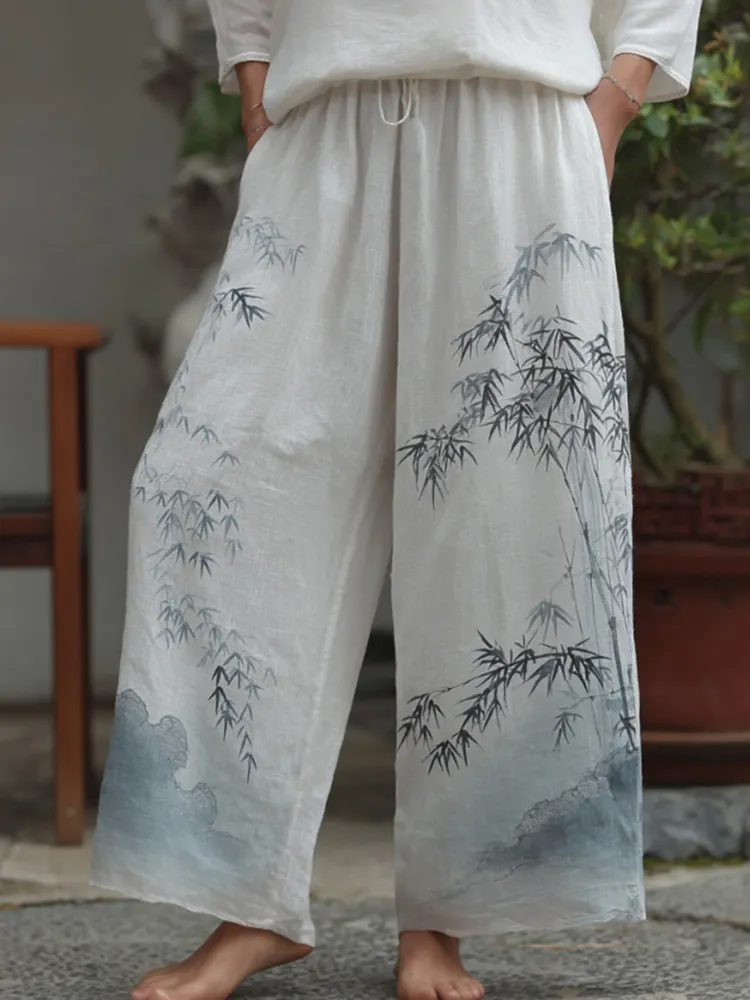 Japanese Style Bamboo Pattern Linen Trousers