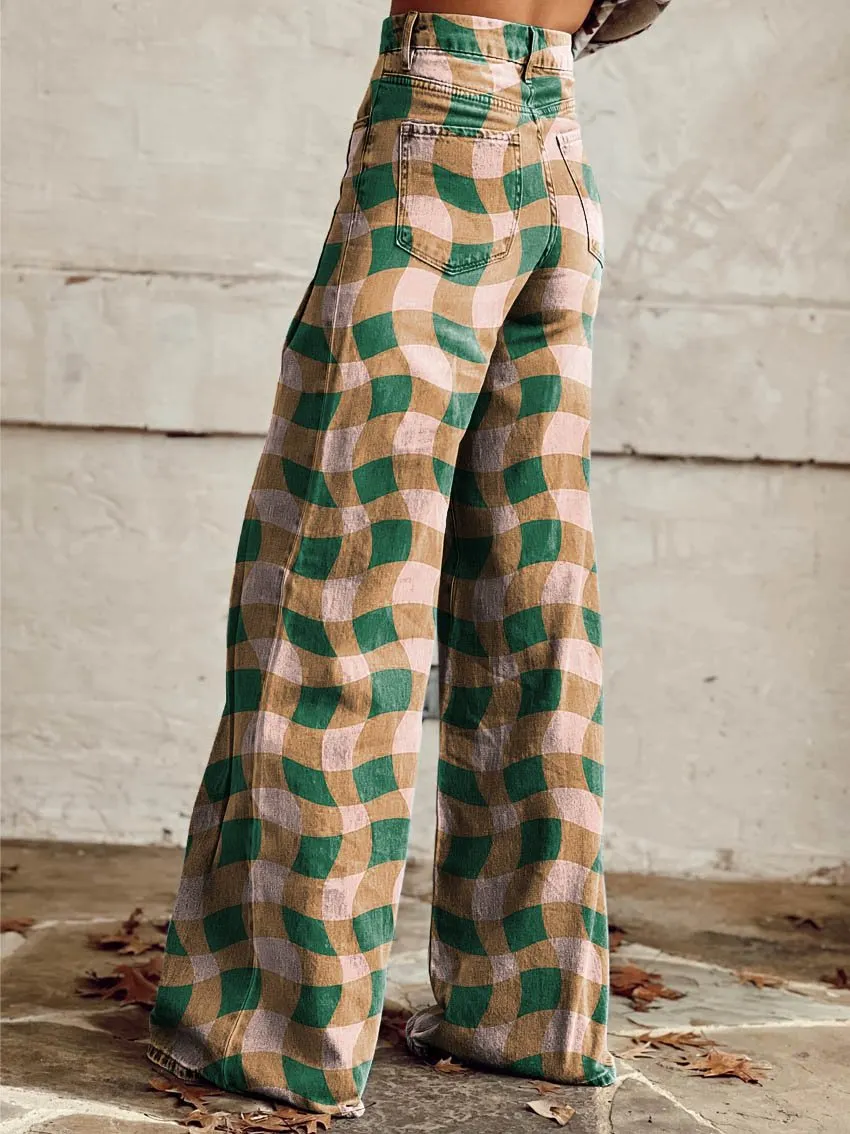 Yellow & Green Twisted Stripes Print Casual Wide-Leg Pants
