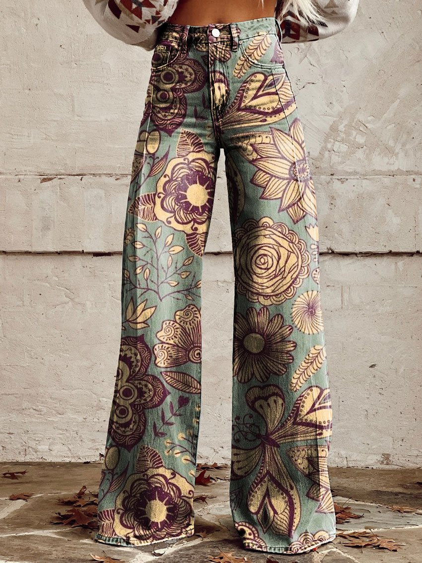 Vintage Print Casual Wide-Leg Pants