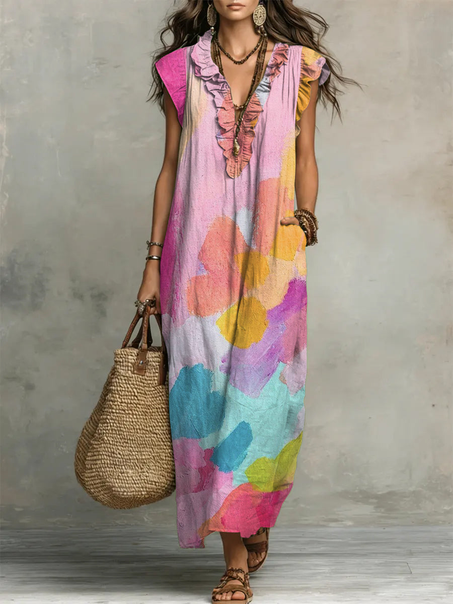 Printed V-Neck Ruffle-Trim Maxi Dress