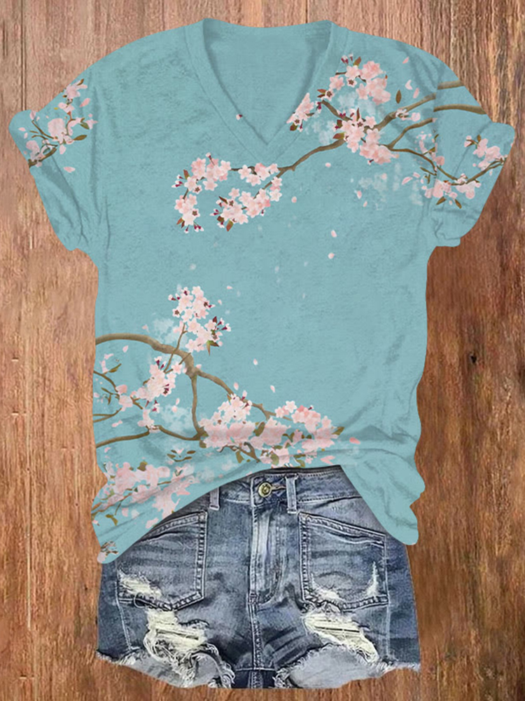 Vintage Japanese Cherry Blossom Print V-neck T-shirt
