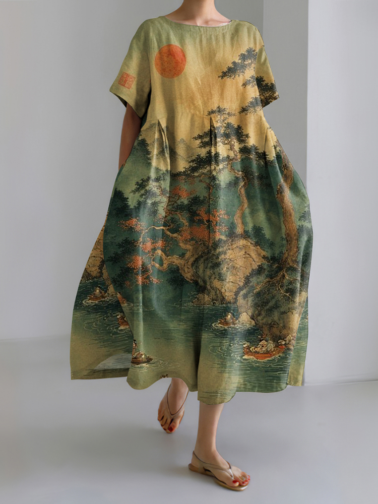 Japanese Art Print Short Sleeve Midi Dress