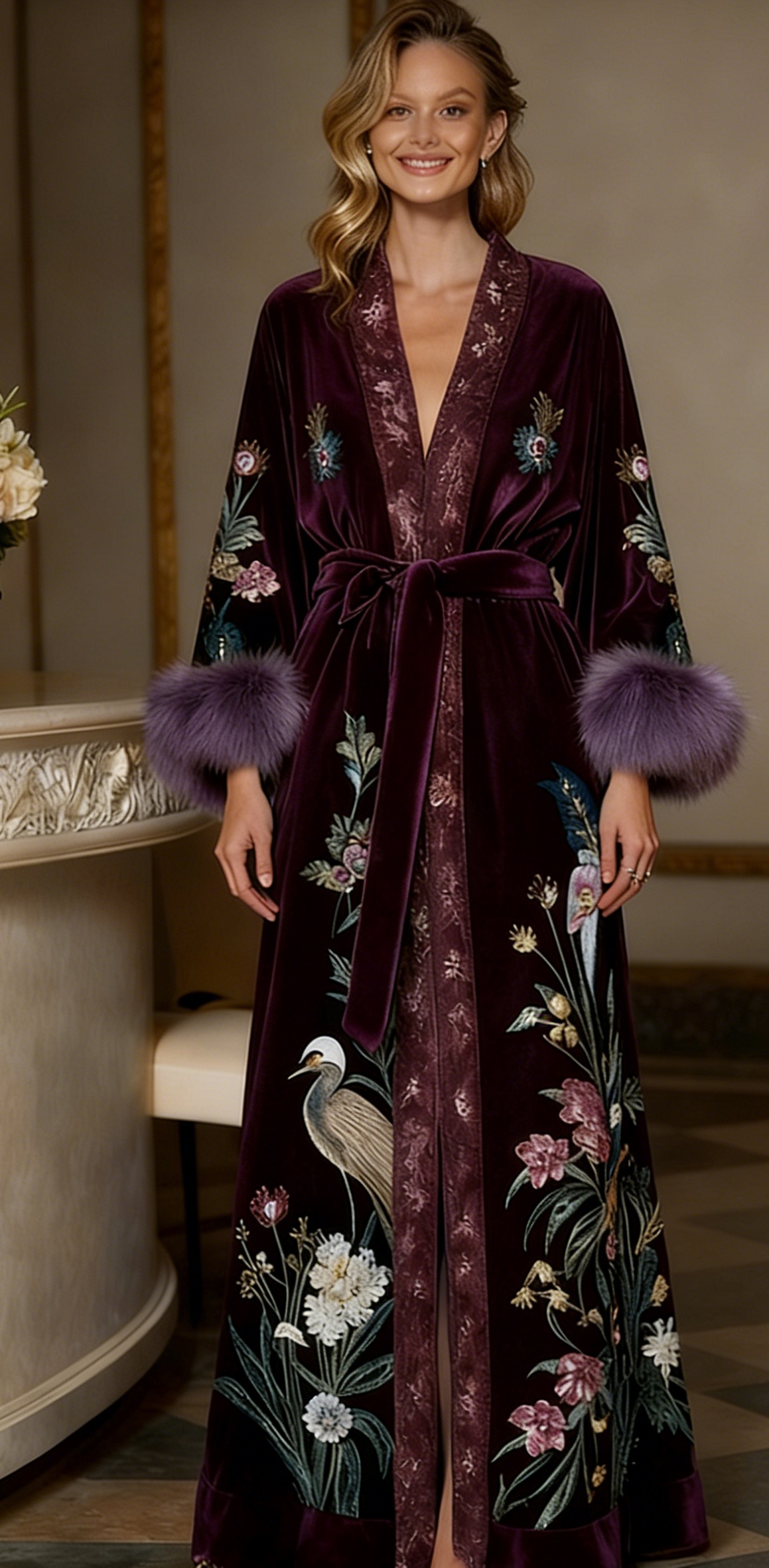 Artistic floral print kimono robe, autumn/winter long robe with sash.