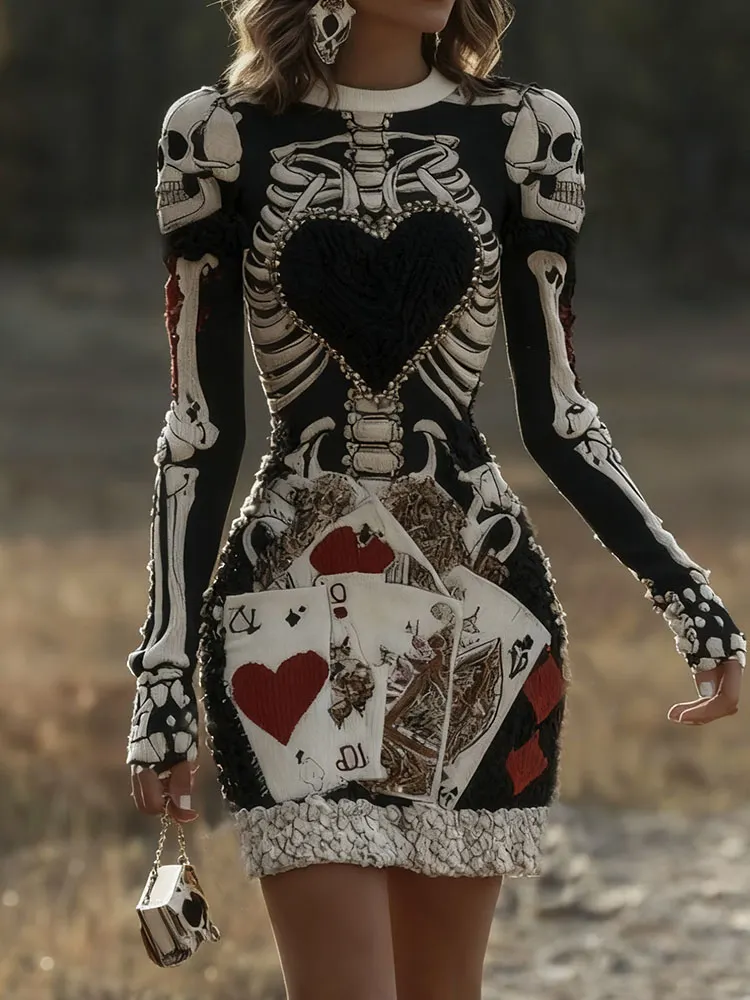 Women's Vintage Halloween Skeleton Bones With Circus Harlequin Poker Art Cozy Knit Mini Sweater Dress