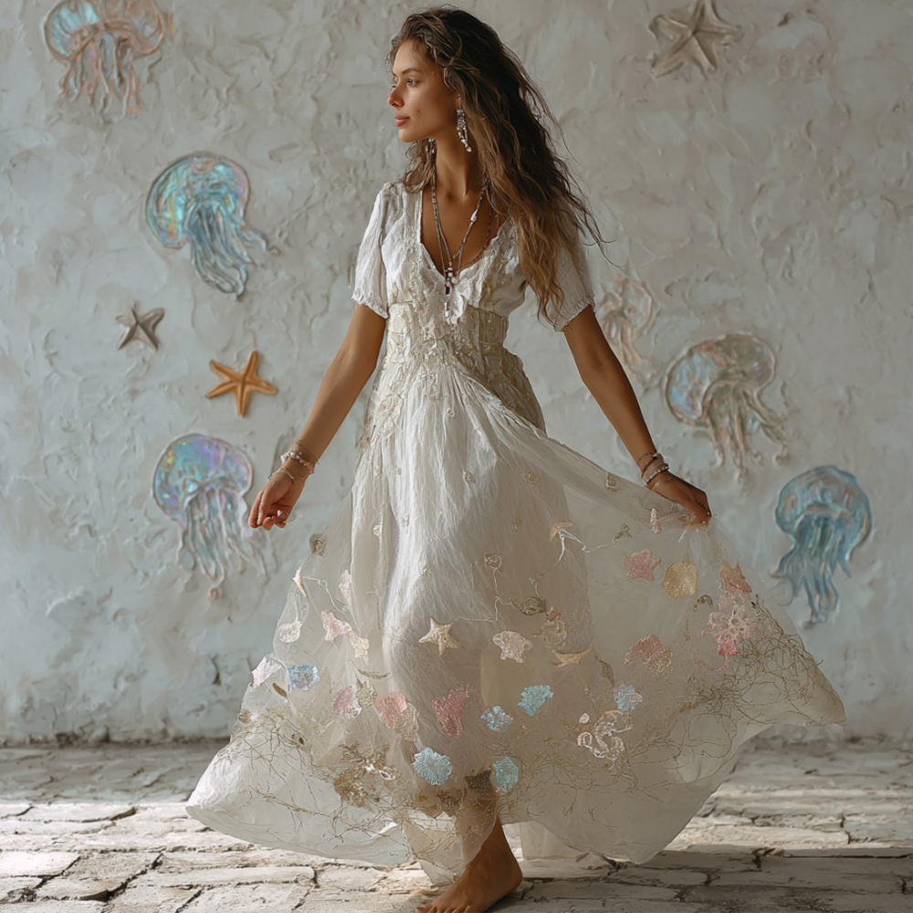 Bohemian Style Ocean Element Comfortable Short-sleeved Dress