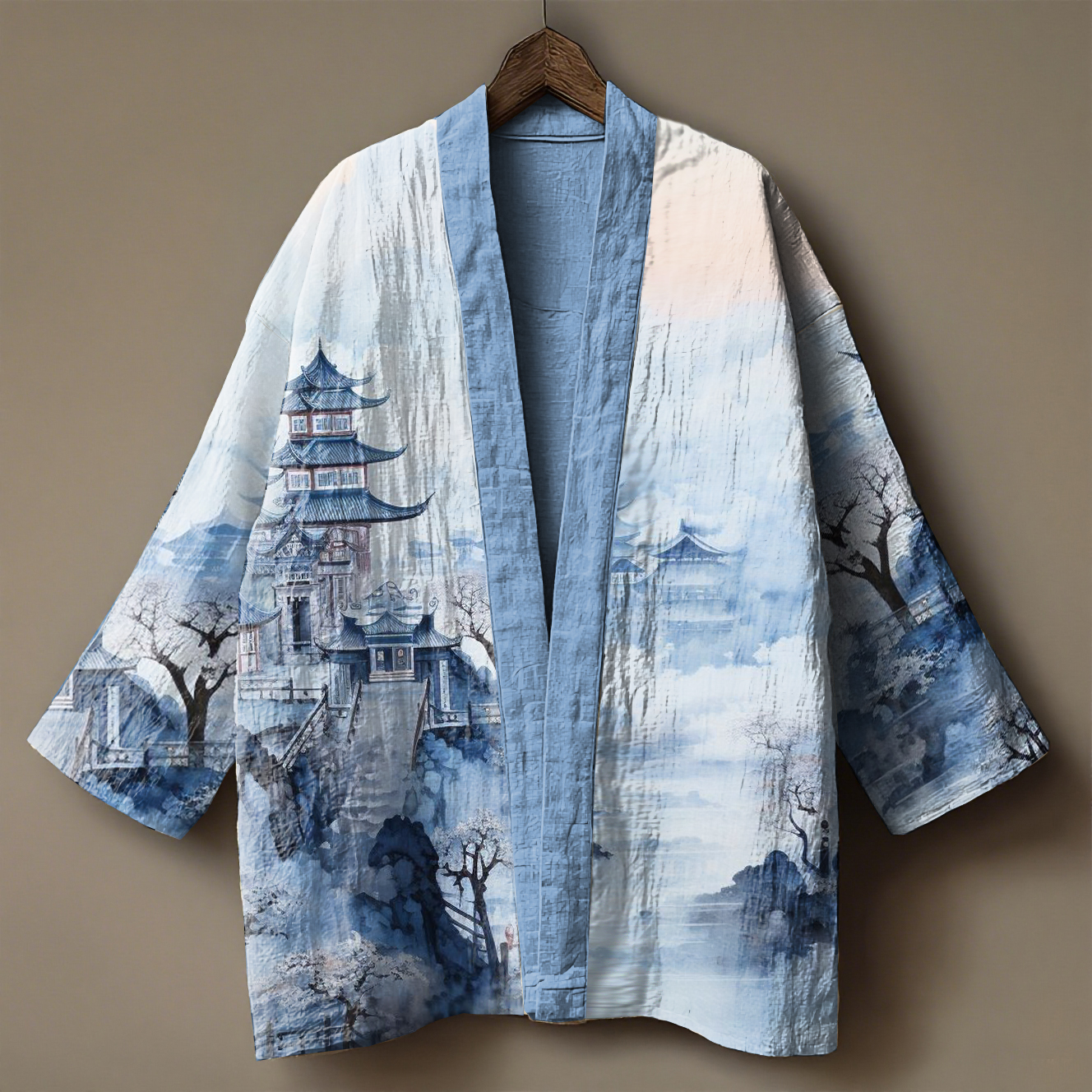 Oriental ink-wash art embroidered linen kimono cardigan
