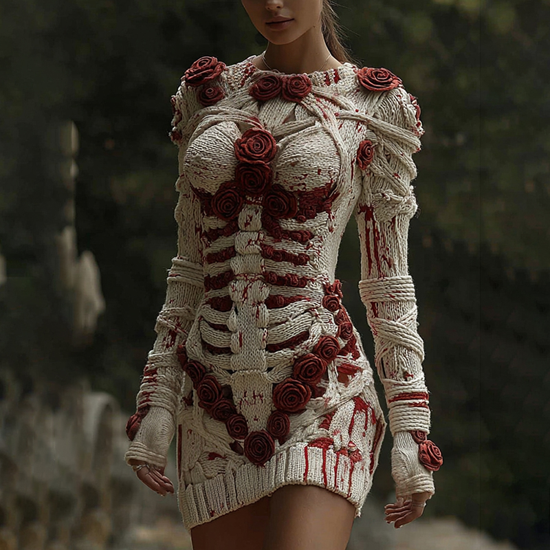 Women's Halloween Muscle Anatomy Bandage With Rose Art Cozy Knit Mini Sweater Dress