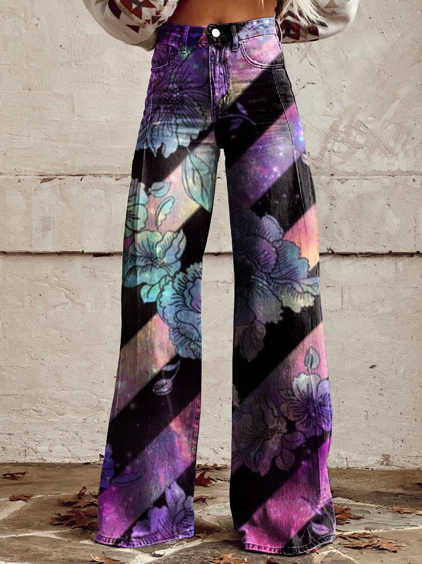 Purple Striped Starry Sky Flowers Print Casual Wide-Leg Pants