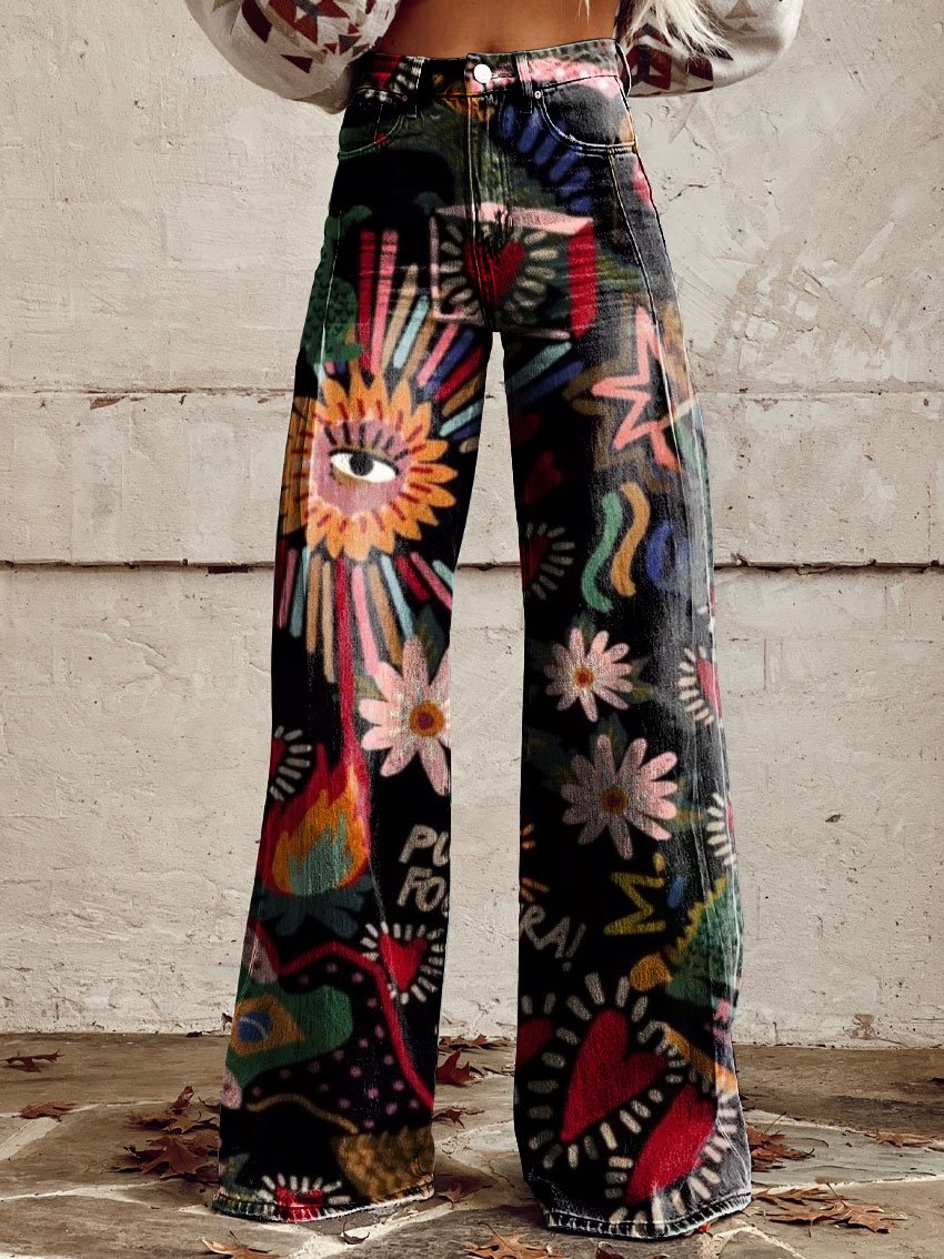 Vintage Hand Drawn Art Print Casual Wide-Leg Pants