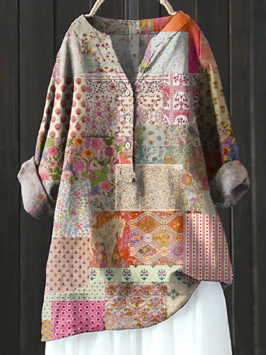 Vintage Ethnic Floral Art Print Casual Cotton & Linen Shirt