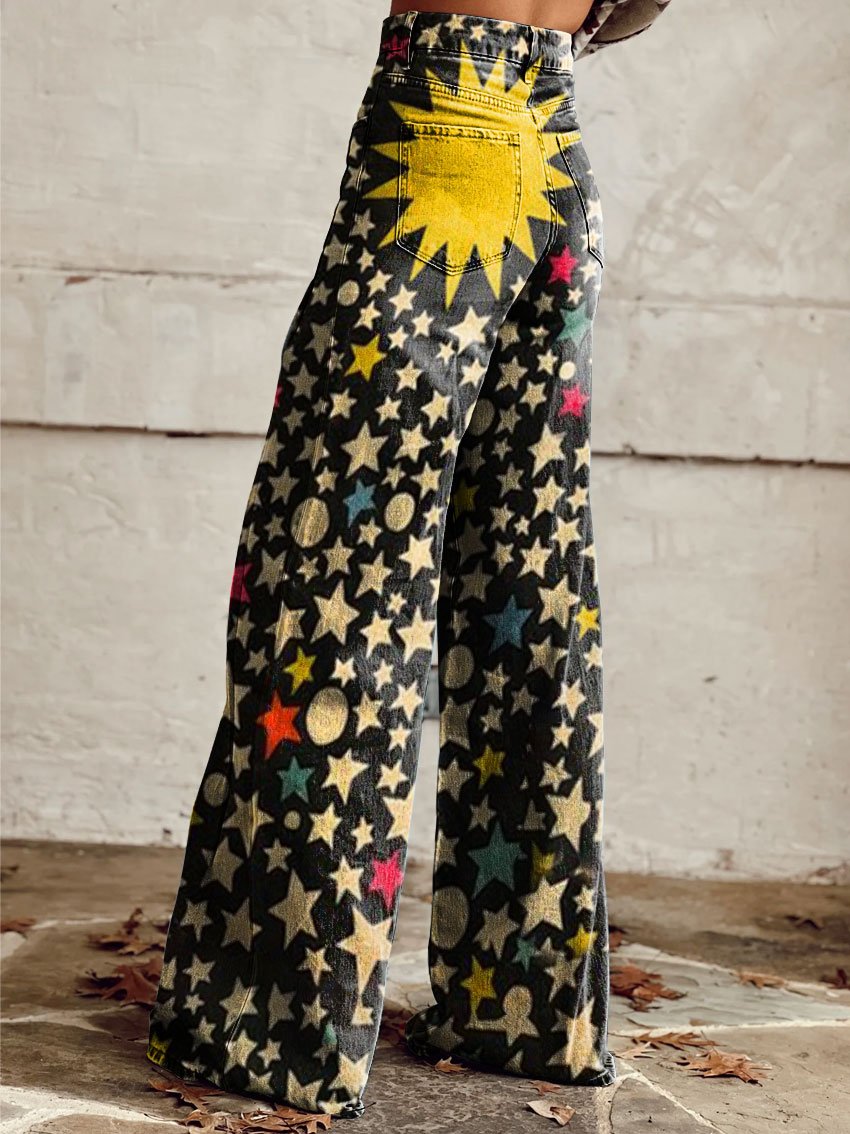 Vintage Stars Print Casual Wide-Leg Pants