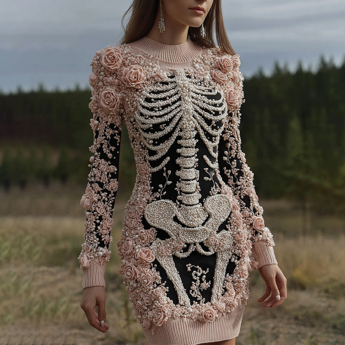 Women's Halloween Skeleton Bones With Rose Art Cozy Knit Mini Sweater Dress