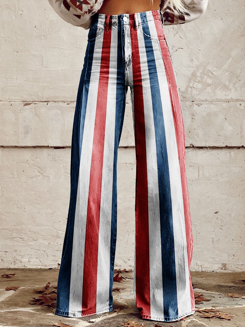 Vintage Stripes Print Casual Wide-Leg Pants