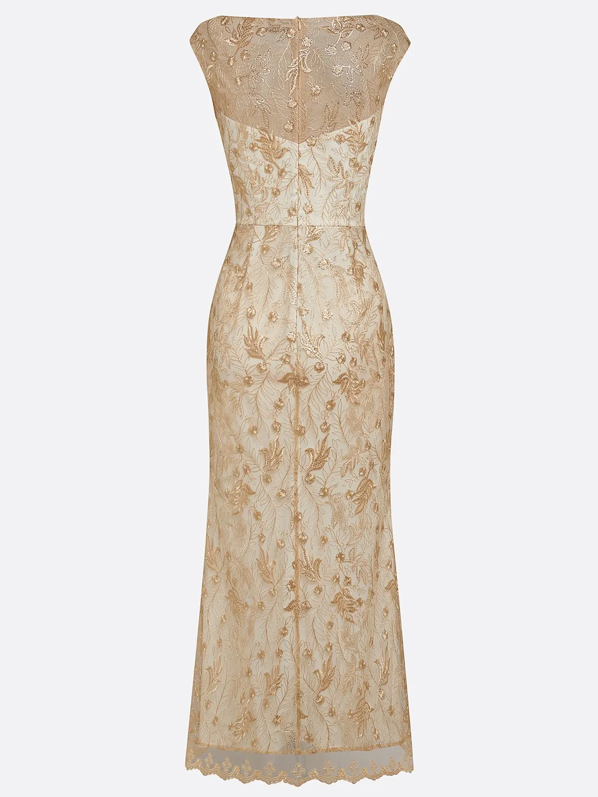 Champagne Lace Boat Neck Sleeveless Sheath Maxi Dress