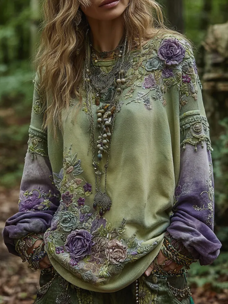 Vintage Purple Lavender And Floral Embroidered Casual Sweatshirt