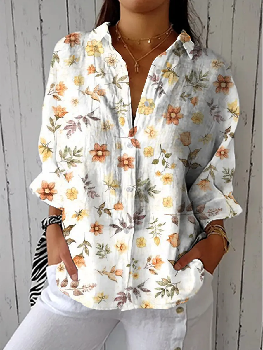 Artistic Minimalist Flower Print Casual Linen V-neck Shirt