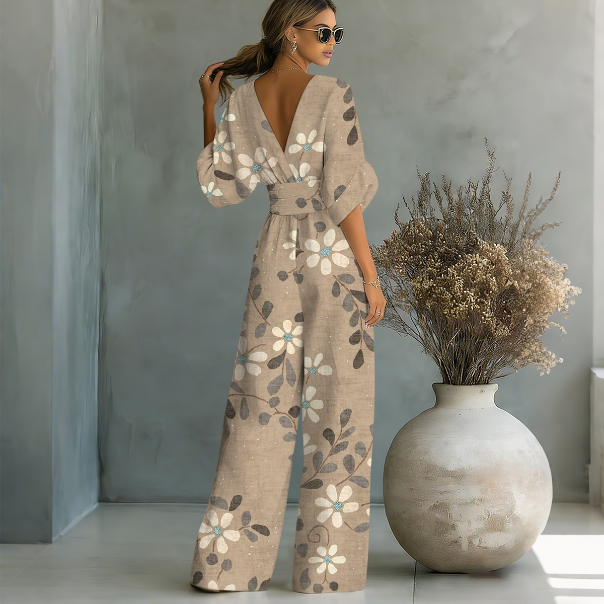 Elegant Floral-Print Tight Waist Jumpsuit