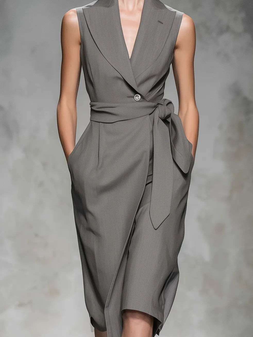 Elegant Gray Sleeveless Collared Suit Dress With Belt