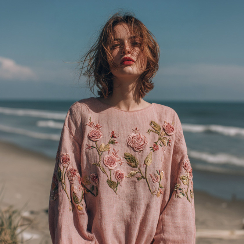 Women's Bohemian Rose Embroidered Round Neck Comfortable Top