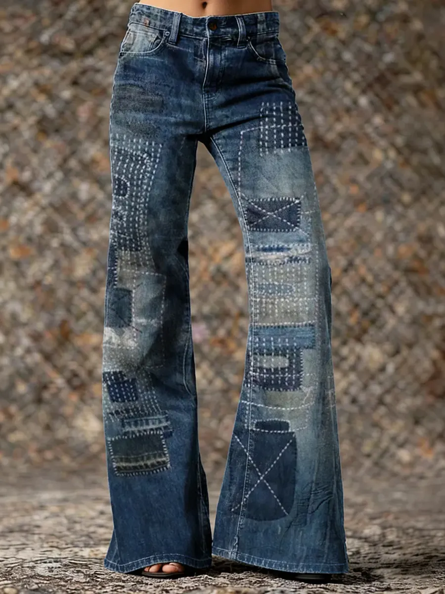 Patchwork Pattern Art Print Casual Washed Cotton Pants