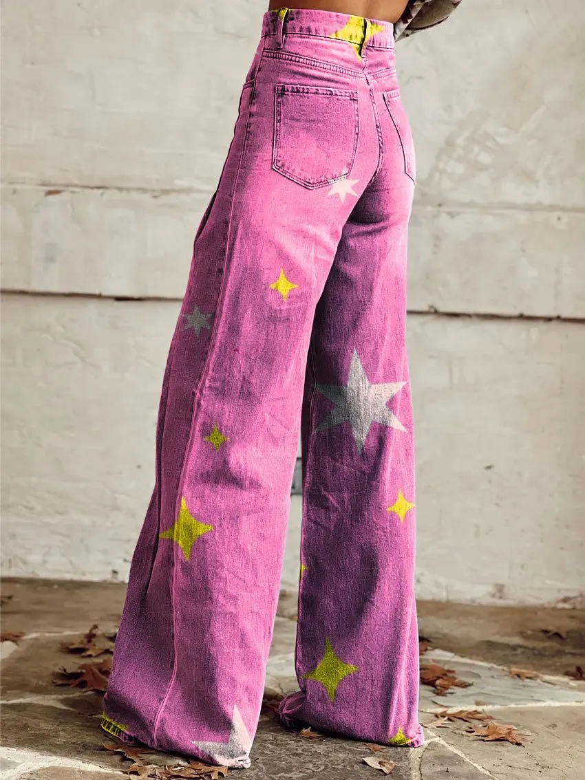 Vintage Print Casual Wide-Leg Pants