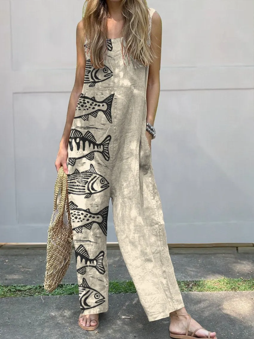 Sea Fish Art Printed Women's Casual Wide-Leg Jumpsuit