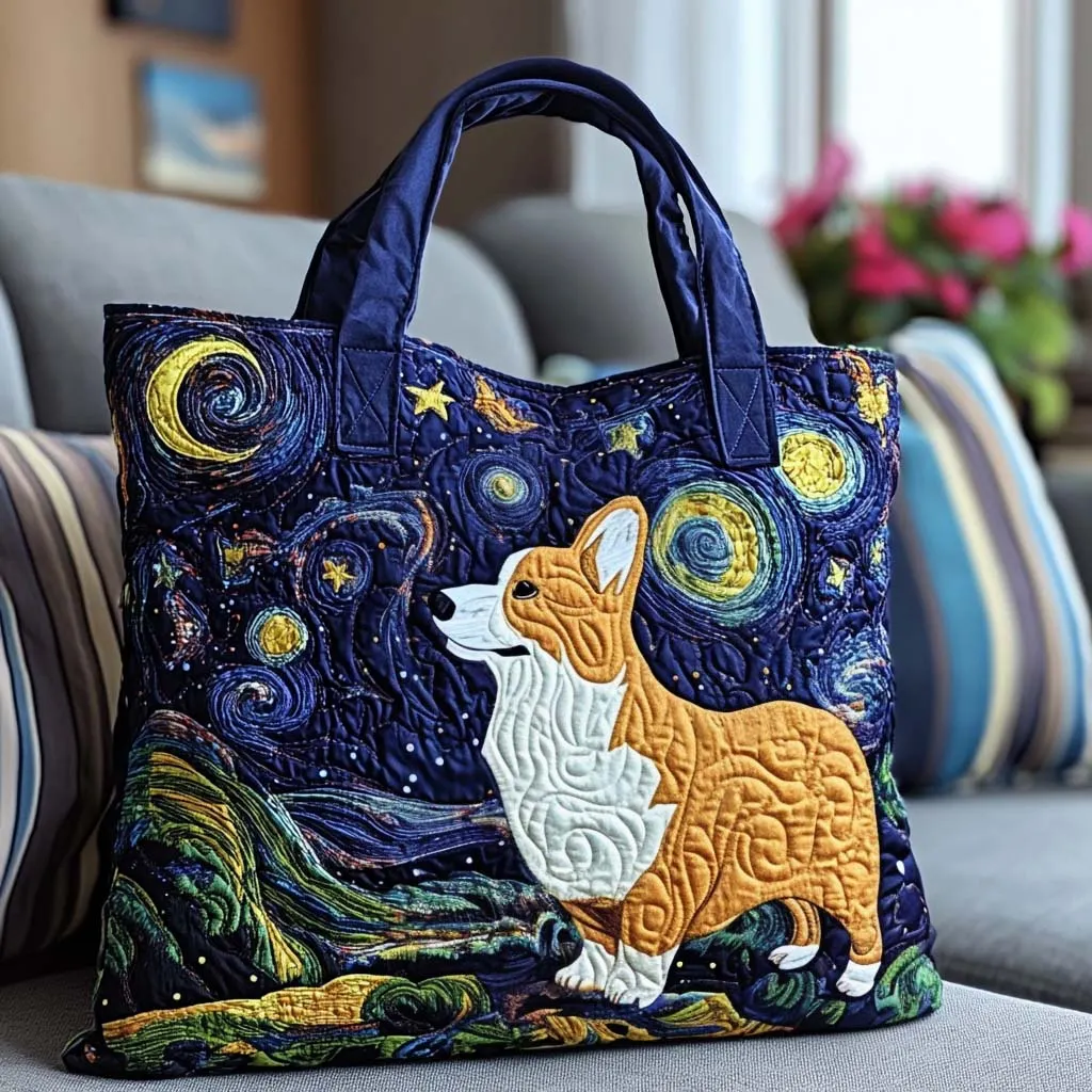 Starry Night Dog Quilted Tote Bag