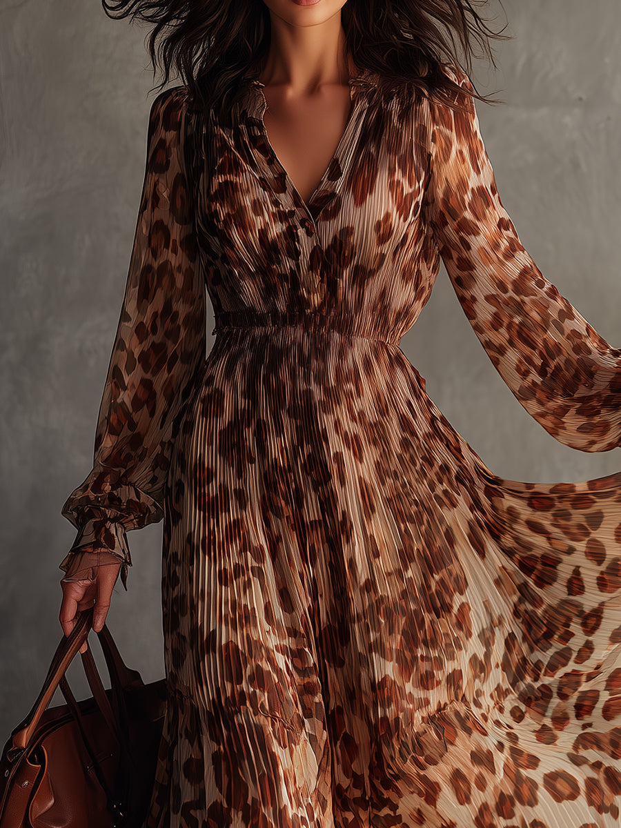 Bohemian Leopard Print Pleated Chiffon Maxi Dress