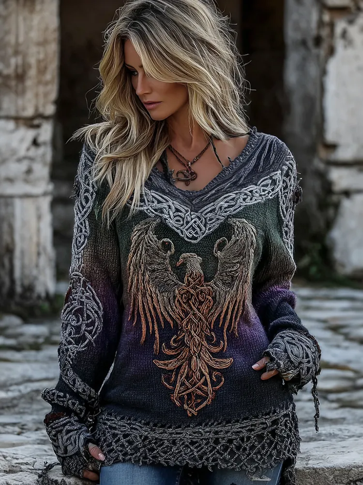 Women's Mythical Phoenix Embroidered Celtic Knot Comfortable V-neck Sweater