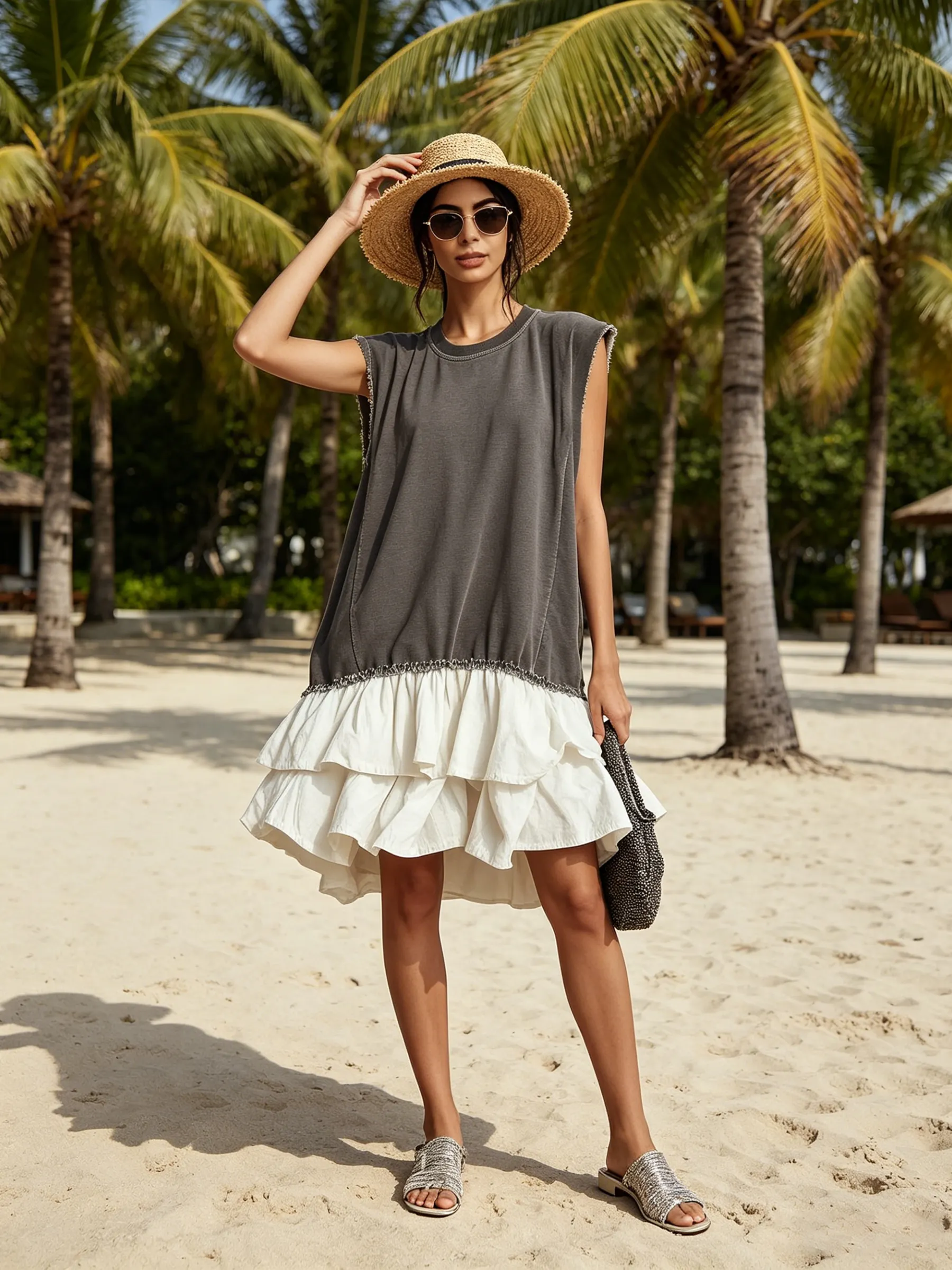 Contrast Raw Edge Tiered Hem Sleeveless Mini Dress Color Block Casual Loose Fit Vacation Dress