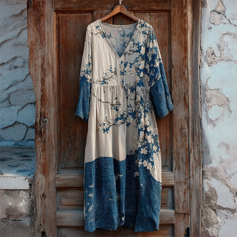 Japanese Almond Blossom Sea Waves Contrast Linen Dress