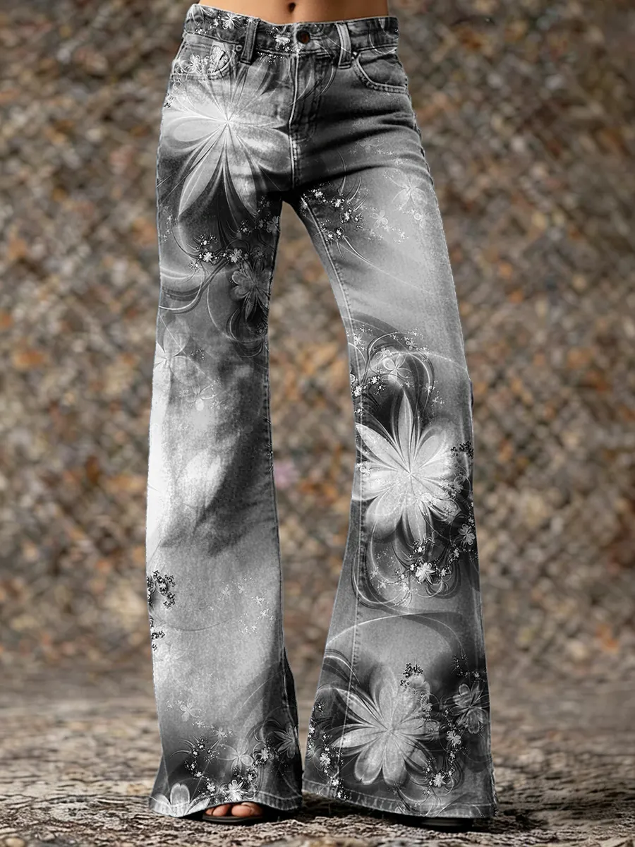 Vintage Black & White Gradient Floral Hippie Art Prints Casual Flared Pants