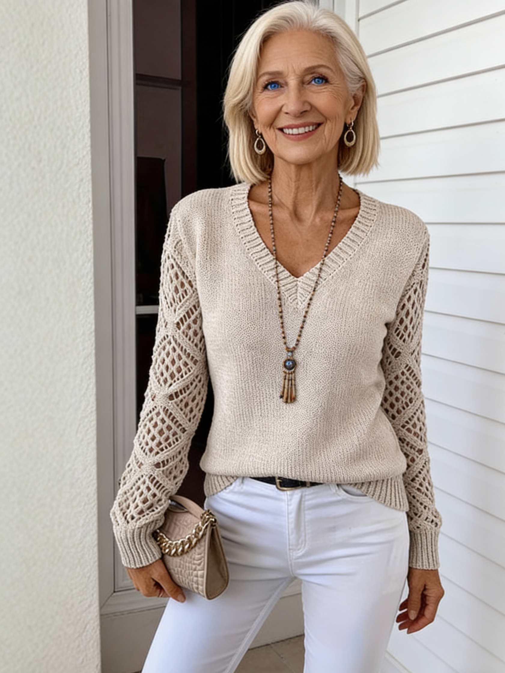 Orange Openwork-Sleeve Knit Top