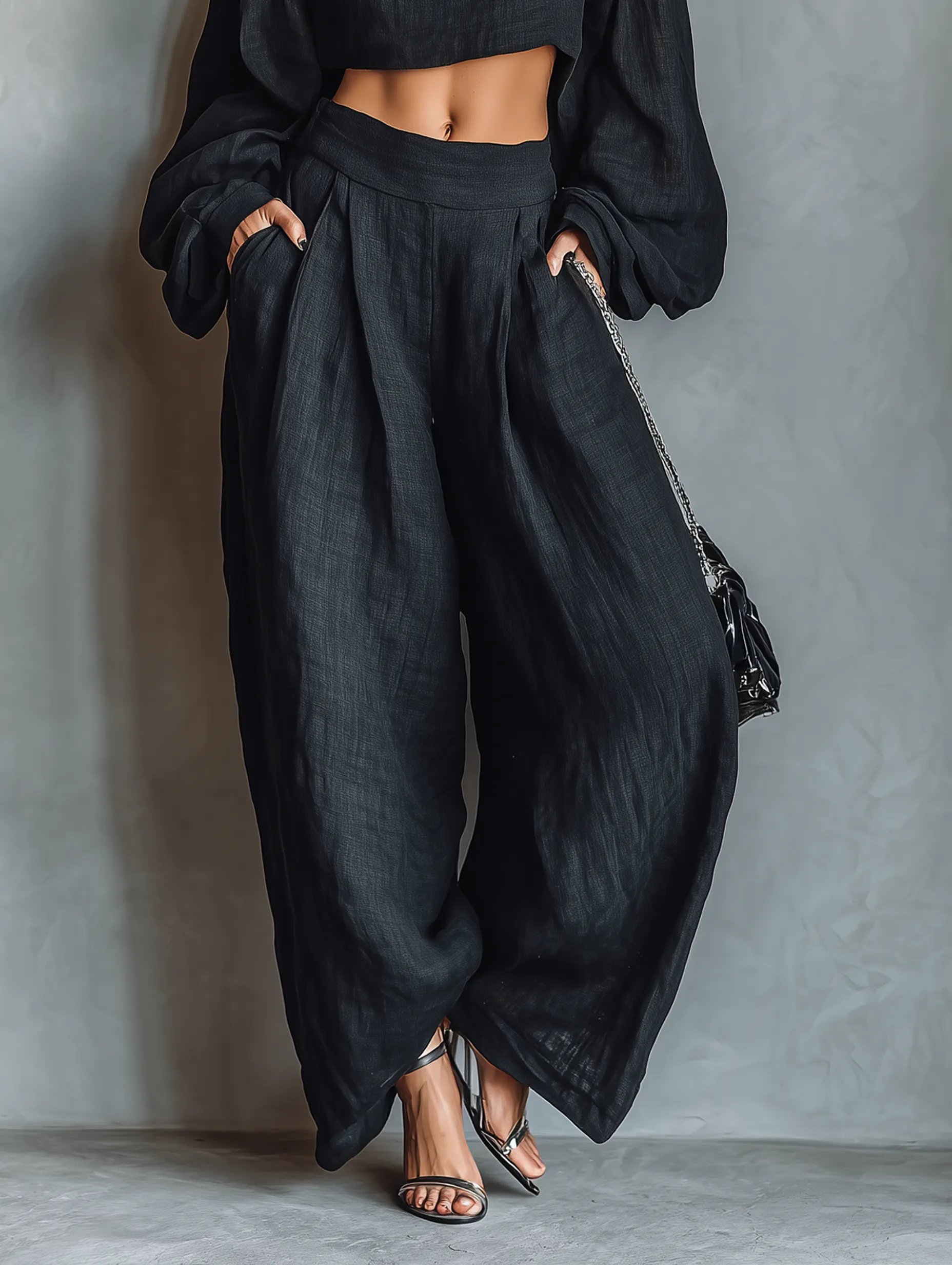 Black Off-the-shoulder Long-sleeved Top & Wide-leg Pants Set