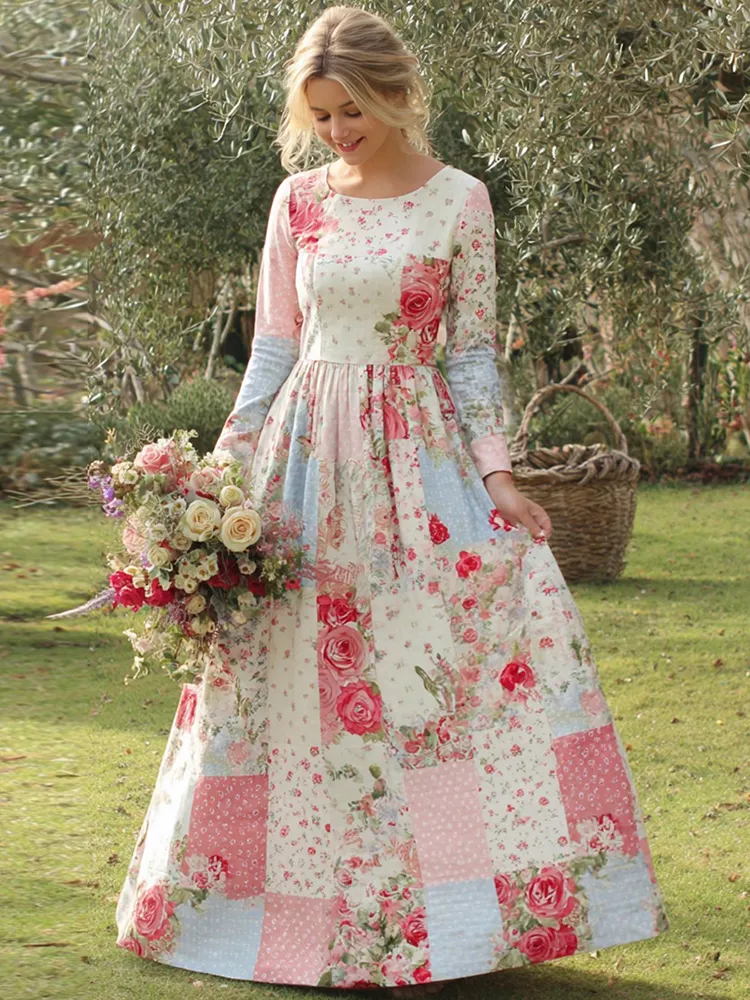 Vintage Floral Art Women's Long Sleeve Maxi Dress
