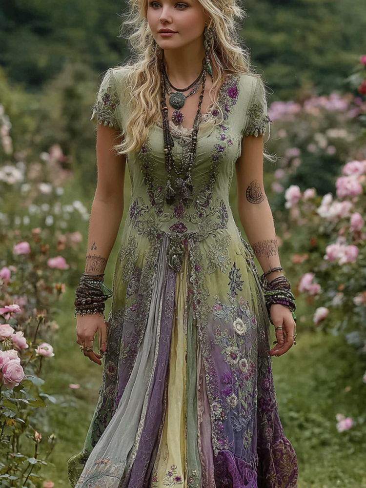 Vintage Gradient Purple Floral Embroidered Casual Maxi Dress