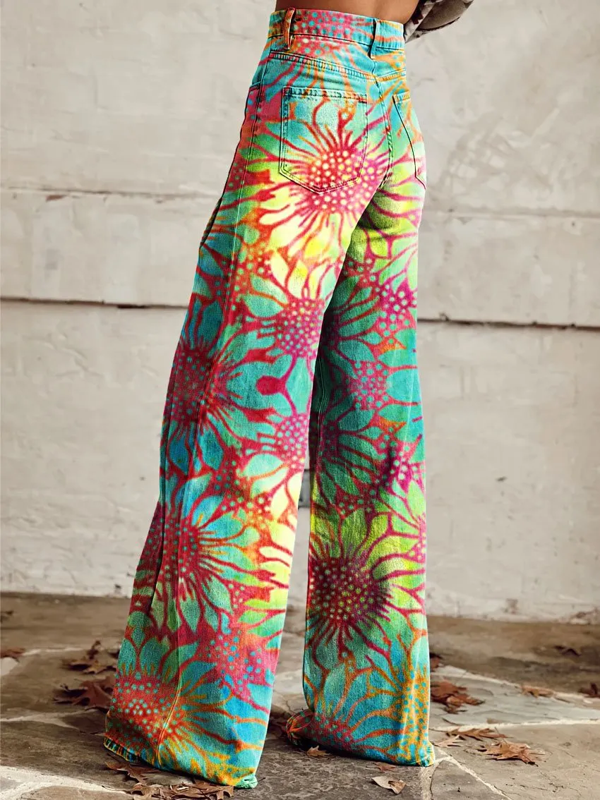 Vintage Print Casual Wide-Leg Pants