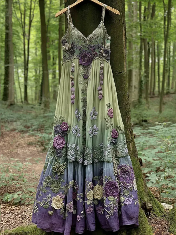 Classy Gradient Purple Lavender And Floral Embroidered Suspender Long Dress