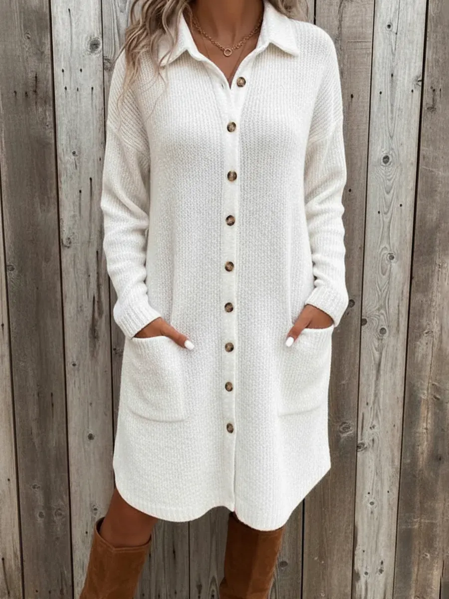 Casual Pocket Knit Midi Shirt Dress