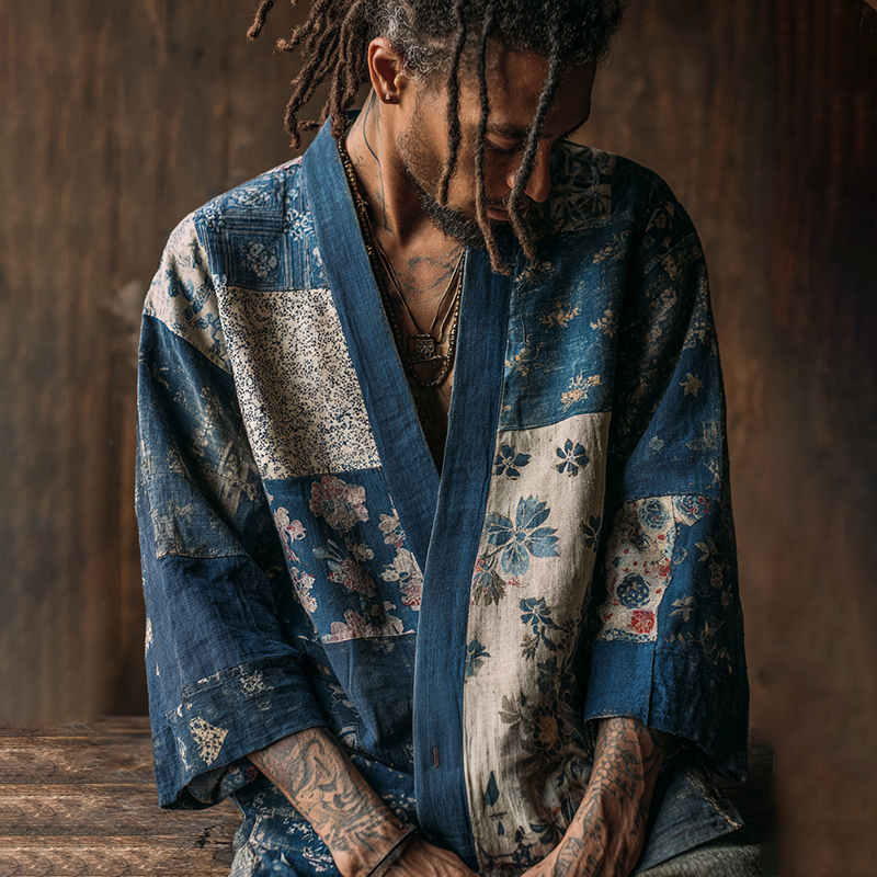 Vintage Japanese Traditional Sashiko Patchwork Art Print Cotton & Linen Blend Kimono Cardigan