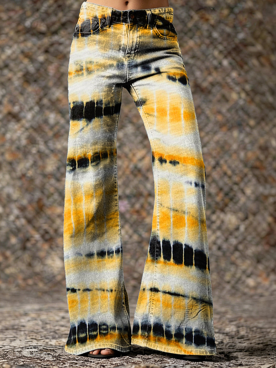 Vintage Yellow Black Tie-dye Gradient Hippie Art Prints Casual Flared Pants